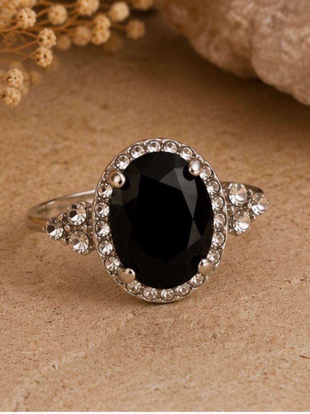 Black Oval Statement Ring Silver Tone Adjustable Cocktail Ring